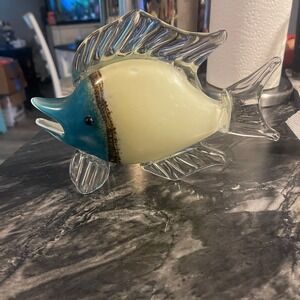 Glass Blue White Brown Fish Hand Blown Murano Murano Style Large Art Home Decor